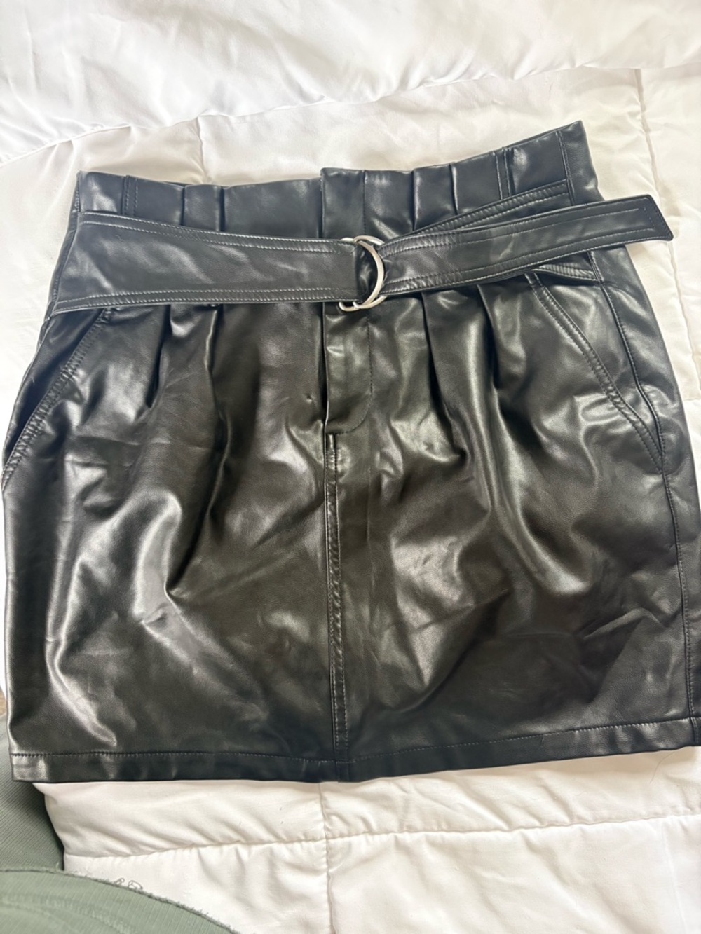 Express Black Faux Leather Paperbag Mini Skirt with D-Ring Belt